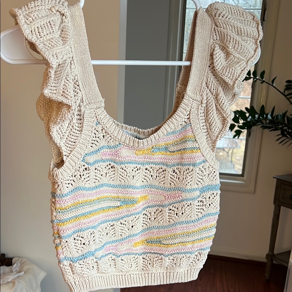 Cream Knit Ruffle Strap Top